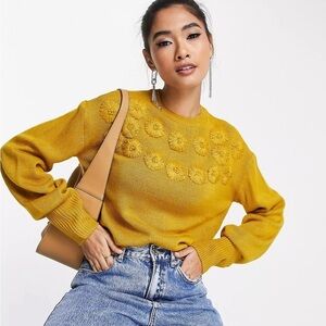 Vila sweater with floral knit detail in mustard used lightly L